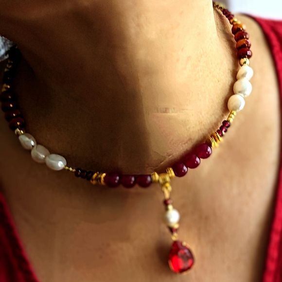 Red Rose Jade & Czech Picasso Beads And Pearl W/ Swarovski Pendant Necklace - Picture 2 of 10